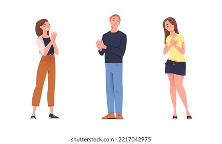 Cheerful Young People Clapping Hands Set. Positive People In Casual Clothes Applauding With Enthusiasm Flat Vector Illustration