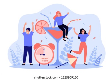 Cheerful Young People Enjoying Party During Happy Hour In Bar. Group Of Friends Drinking Alcohol And Having Fun In Restaurant. Vector Illustration For Business Promotion, Entertainment Concepts