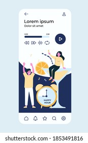 Cheerful young people enjoying party during happy hour in bar. Group of friends drinking alcohol and having fun in restaurant. Vector illustration for business promotion, entertainment concepts