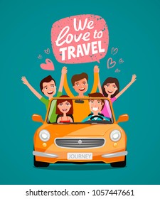 Jóvenes alegres o amigos felices viajando en camión. Viaje, viaje, concepto de vacaciones. Ilustración vectorial de dibujos animados