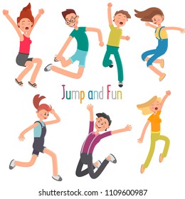 Cheerful young people jumping color flat illustration set
