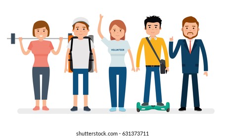Cheerful young people on a white background - student, businessman, athlete, volunteer, traveler. Vector illustration in a flat style