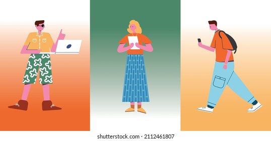 Cheerful young people. Set of Characters of men and women. Vector in flat style