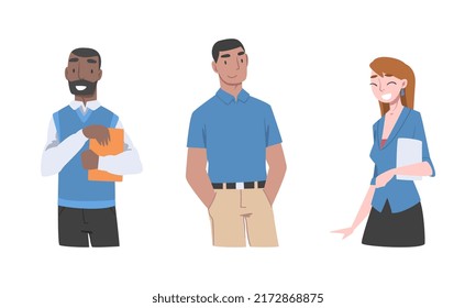 Cheerful young people. Set of multicultural students or employees cartoon vector illustration