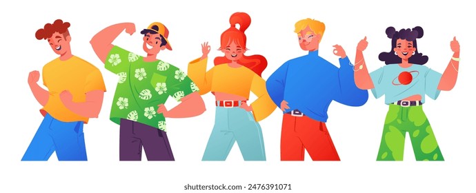 Cheerful young people showing thumbs up ok gesture. Concepts of body language, public approval, positive thinking, respect, recognition, honor and thanks. Flat cartoon bright vector illustration