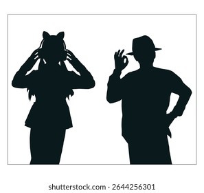 cheerful young people silhouettes with a girl in headphones and a guy showing it's ok