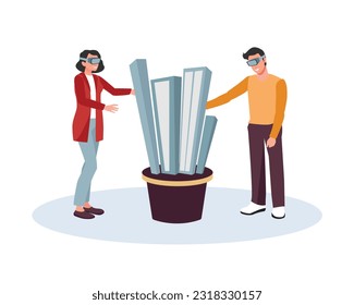 Cheerful young people using VR technologies. Group of people wearing VR headsets and experiencing virtual reality simulation. Vector flat style illustration on white background