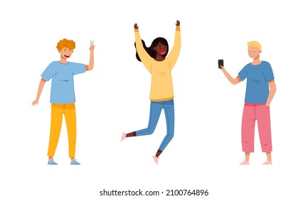 Cheerful young people waving hands saying hi set. Happy students doing greeting gesture with hands raised cartoon vector illustration