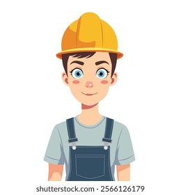 A cheerful young person with blue eyes, wearing denim overalls, a gray shirt, and a yellow safety helmet, on a white background.