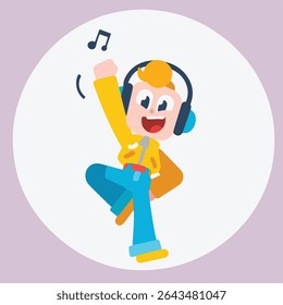 Jovem alegre dançando com fones de ouvido e nota musical.