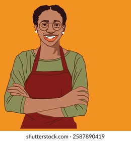 A cheerful young shop owner stands confidently at the front of her store, smiling warmly as she welcomes customers.