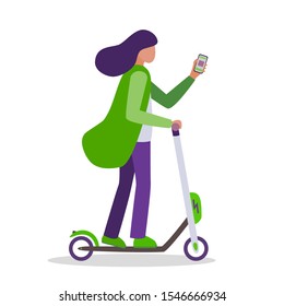 Cheerful young slim girl rides a lime green electric scooter and looks at the phone for navigation. A woman rides a rented kick scooter and looks at the app by sharing isolated on a white background.