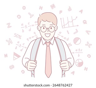 A cheerful young student wearing glasses, smartly dressed, happily surrounded by various learning symbols and graphs