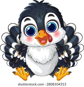 Cheerful young turkey vector character with large blue eyes and colorful feathers on white.