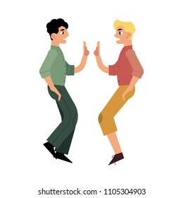 Cheerful young two men giving high five in jump smiling. Male characters having fun, expressing symbol of friendship, cooperation and teamwork. Vector illustration