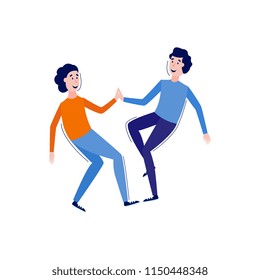 Cheerful young two men giving high five smiling. Male characters having fun, expressing symbol of friendship, cooperation and teamwork. Vector illustration