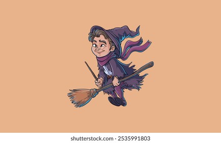 Cheerful young witch flying on a broomstick.