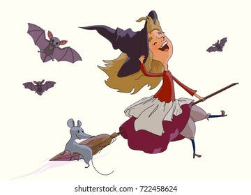 Cheerful young witch flying on a broom with a fun mouse, accompanied by bats. Items from the collection of Halloween. Vector illustration isolated on white