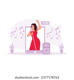 A cheerful young woman appears from a mobile phone screen, singing online using a microphone. Content Creator concept. Trend Modern vector flat illustration