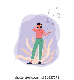 Cheerful young woman cartoon character listening to music flat vector illustration isolated on white background. A music mobile application or sound player concept.
