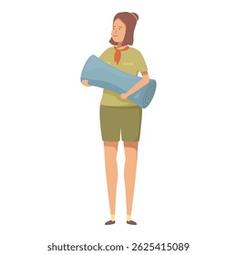 Cheerful young woman cartoon character ready for camping, holding a rolledup sleeping mat
