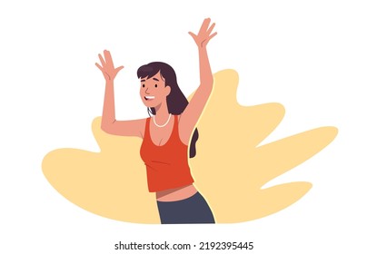 Cheerful young woman celebrating success raising hands happily. Smiling girl person cartoon character in casual clothes with positive facial expression, open arms. Happiness flat vector illustration