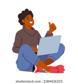 Alegre Personaje De Mujer Joven Sentada Con Portátil Mostrando El Pulgar, Indicando Aprobación O Éxito. La Imagen Retrata La Positividad En Los Negocios, La Tecnología O La Educación. Ilustración de vectores de personas de caricatura