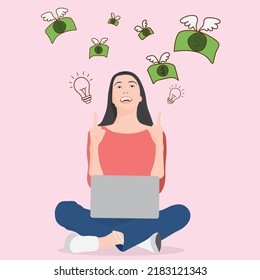 Cheerful young woman coming up with ideas for making money online.Vector illustration concept working online.