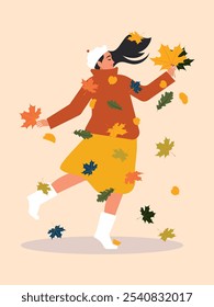 A cheerful young woman dances in the falling autumn leaves. Vector.