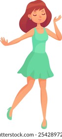 Cheerful young woman is dancing with her eyes closed, wearing a flowing green dress and heels, her arms gracefully extended as she enjoys the rhythm and movement