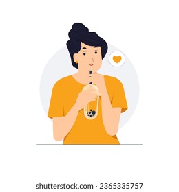 Cheerful young woman drinking cup of bubble milk tea concept illustration