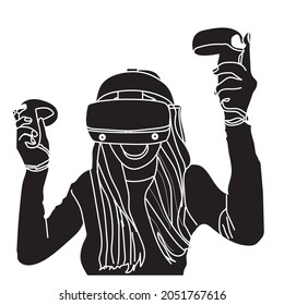 Cheerful young woman enjoying VR gameplay- line art stock illustration