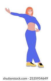 Cheerful young woman with her hand up is pointed to something.  Girl in sports clothes isolated on a white background. Vector illustration, icon of sporty woman. Dance, greeting, invitation pose.