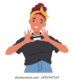 Cheerful Young Woman Holding A Credit Card With Both Hands. Cartoon Character Expressing Joy And Excitement. Vector Illustration Ideal For Concepts Related To Online Shopping, Finance, And Consumerism