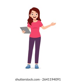 A cheerful young woman holding a tablet and gesturing with her open hand, standing on white background