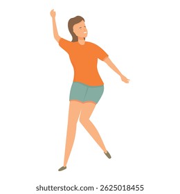 Cheerful young woman is joyfully dancing with her arm raised, expressing a sense of freedom and happiness