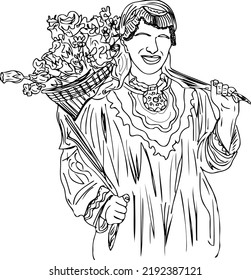 Cheerful Young Woman of kashmir Sketch Drawing, Young girl of kashmir holding flower bucket on her back cartoon drawing, Girl of India, Jammu kashmir line art vector silhouette