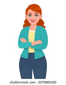 Cheerful young woman keeping crossed arms. Trendy smiling girl with folded hands. Female standing with confident pose. Modern lifestyle illustration design concept in vector cartoon style.