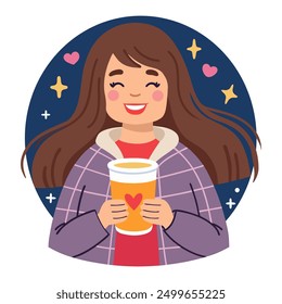 Cheerful young woman with long brown hair smiling and holding cup of coffee with heart symbol. Woman in purple jacket standing against starry night background. Cozy vector illustration in flat style.