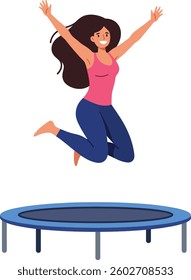 A cheerful young woman with long hair leaps into the air from a blue trampoline, embodying a sense of joy and freedom in a playful setting.