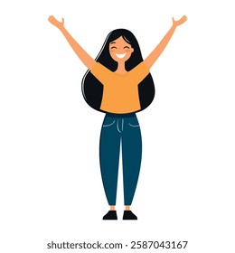 Cheerful Young Woman With Outstretched Arms Celebrating Happiness in a Bright, Casual Outfit