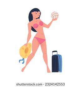 Cheerful young woman in red bikini going for holidays with luggage cartoon vector illustration