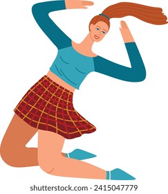 Cheerful young woman with red hair dancing. Female dancer in casual clothes enjoying herself. Happy dance movement and fun lifestyle vector illustration.