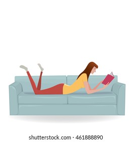 Cheerful young woman relax on a light blue sofa reading a book. Vectoe Illustration sisolated on white background.