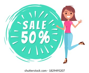 Cheerful young woman sale vector banner clearance sale with percent, promotional discounts. Smiling woman with happy face expression jumping waving hand and hot sale lettering in a round green shape