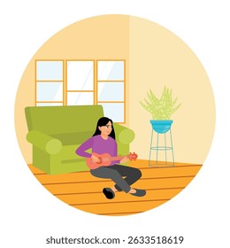 A cheerful young woman sits on the floor in a bright living room, passing the time by playing a small ukulele. Spending weekend at home concept.