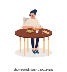 Cheerful young woman sitting in cafe. Vector flat cartoon illustration
