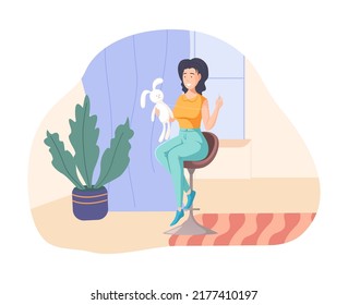 Cheerful young woman sitting on chair sewing toy. Needlewoman crafting soft bunny plaything at workshop. Needlework, handcraft, creative hobby or recreation flat vector