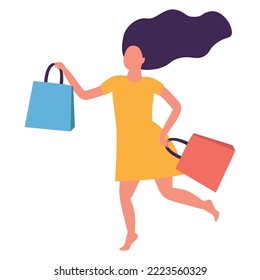 Cheerful young woman standing full length with shopping bags in her hands, flat vector illustration isolated on white background. Shopper or buyer female character