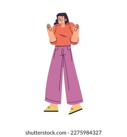 Cheerful Young Woman Standing with Hands Up Showing Gesture Vector Illustration
